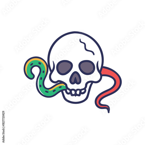 Skull with Snake Vector Color Icon Illustration