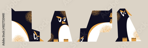Set of abstract geometric stylized penguin characters isolated on background. Funny sad birds, winter wildlife, annoyed faces concept. Vector flat illustration