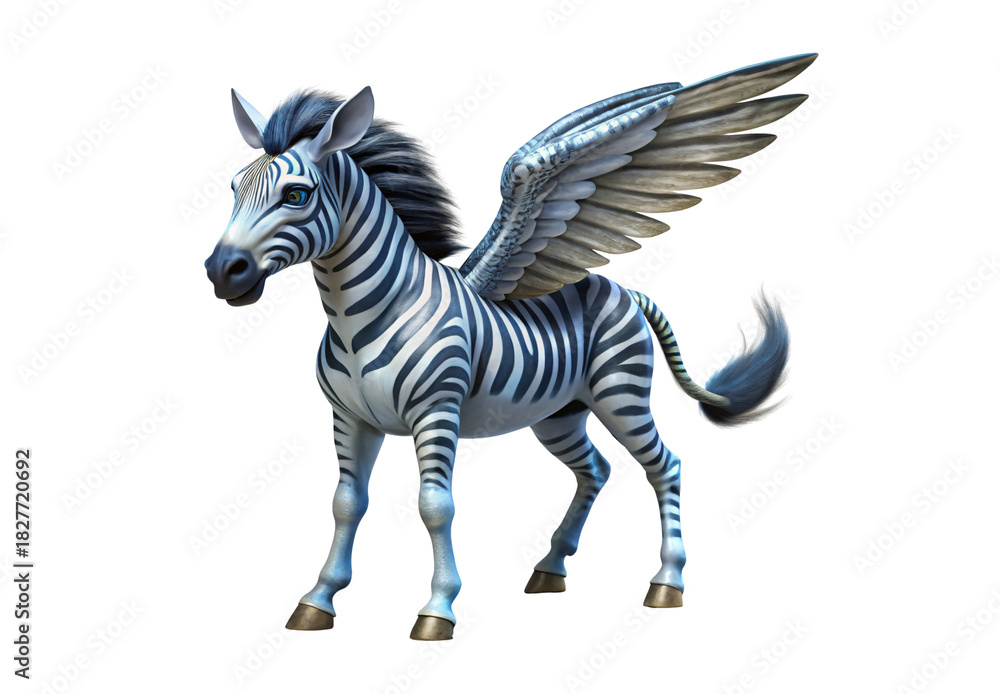 Fototapeta premium Zebra pegasus with black stripes and large feathered wings standing proudly, isolated on a transparent background