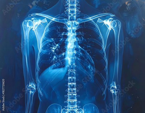 Blue-toned anatomical illustration of a human torso skeleton and lungs, viewed frontally against a dark backdrop