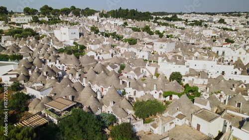 Aerial scene of Alberobello in Puglia, Italy, highlighting its unique trulli buildings and historic layout, a UNESCO site known for traditional Mediterranean stone architecture.