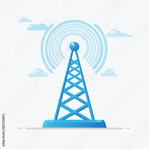 Blue communication tower broadcasting radio waves signal.