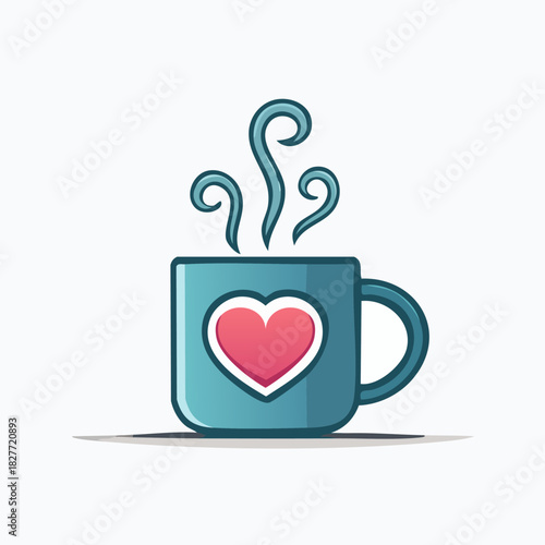 Blue coffee mug with heart symbol and steam.