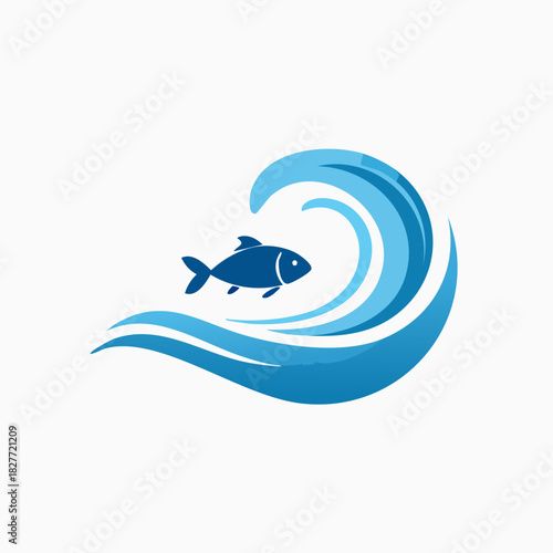 Blue Fish Swimming in a Stylized Ocean Wave.