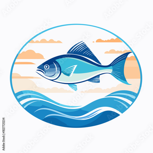 Blue Fish Swimming in Ocean Waves with Orange Sky.