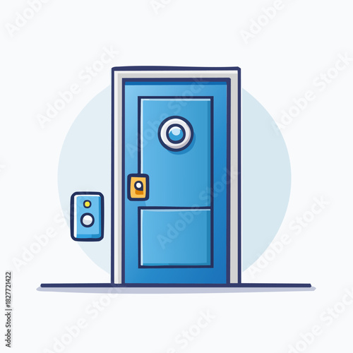 Blue front door with peephole and doorbell icon.