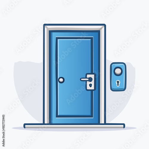 Blue front door with a modern doorbell illustration.