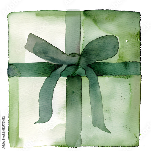 Watercolor Gift Box with Green Ribbon, Soft Illustrative Style on White Background