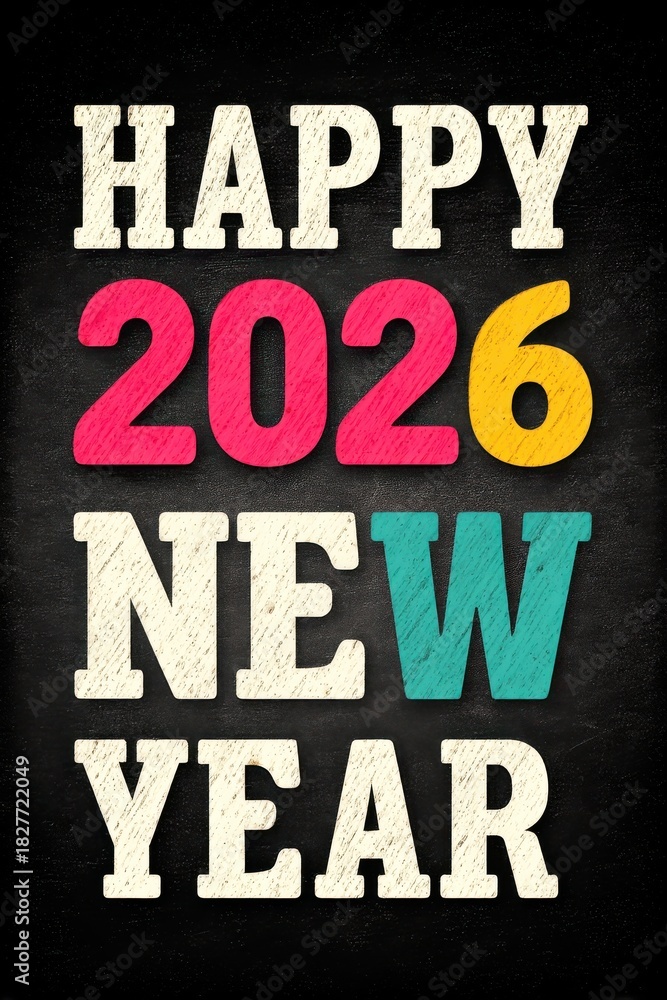 Fototapeta premium Happy 2026 New Year chalkboard style graphic with colorful numbers and bold typography