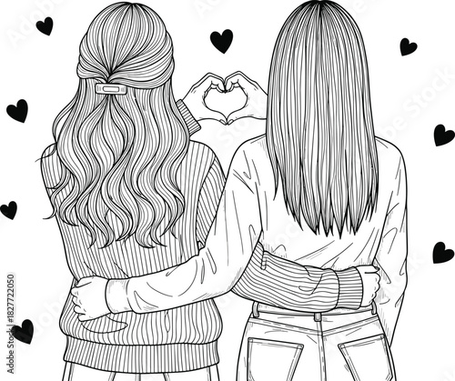 Best friends hugging from back making heart hand sign, two girls outline sketch, black and white vector for coloring book, friendship concept.