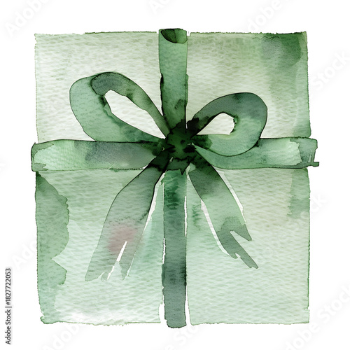 Watercolor Gift Box with Green Ribbon, Soft Illustrative Style on White Background