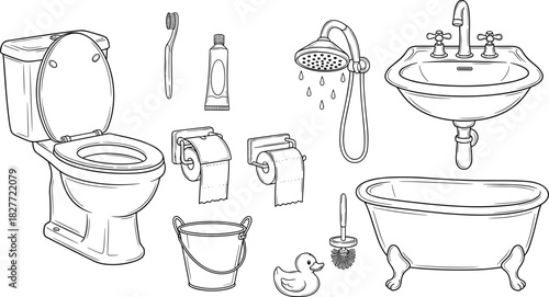 Black and White Bathroom Items Set; Line Art Illustration of Toilet, Bathtub, Sink, Shower, Toothbrush, Toilet Paper, and Cleaning Accessories; Hygiene, Plumbing, and Home Interior Concept.