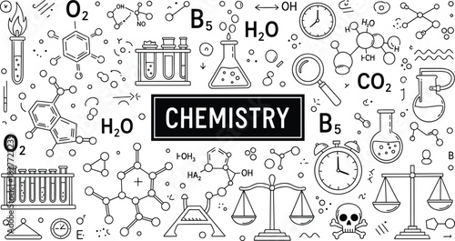 Black and White Chemistry Doodle Illustration; Science Laboratory Equipment Outline; Chemical Formulas, Flasks, Test Tubes, Molecules, and Organic Compound Concept Banner.