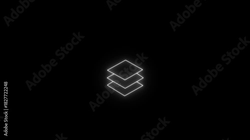 Glowing neon icon representing stacked layers or sheets, symbolizing organization, depth, or digital file structure, set against a stark black background for high contrast and modern digital aesthetic