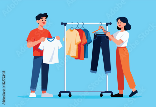 Illustration shows a man and woman selecting clothes from a rack of t-shirts and jeans. A blue background