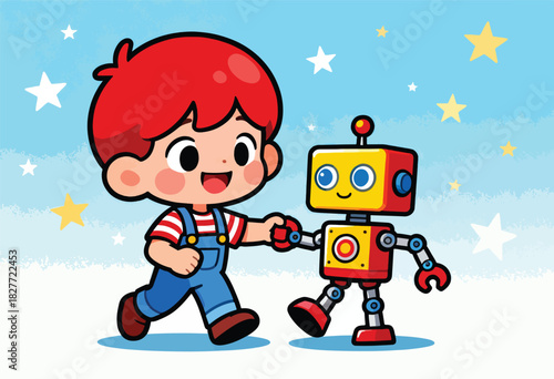 A cartoon illustration depicts a cheerful boy and a robot shaking hands, starry sky background