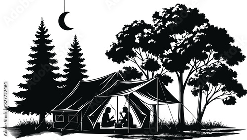 Camping tent silhouette vector illustration, black and white forest background, couple inside tent at night, pine trees, moon, wilderness adventure nature scene.