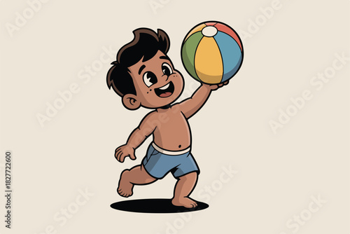 A cartoon child runs happily, holding a colorful beach ball overhead. He's smiling widely, with blue shorts