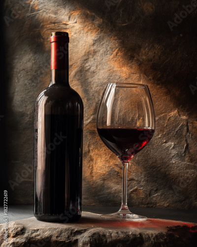 Vertical moody cinematic composition of Turkish red wine, wine bottle and glass