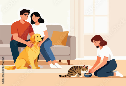 A couple sits with a dog on a couch, a woman serves a cat food in a home