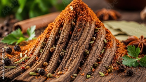 Fototapeta Naklejka Na Ścianę i Meble -  A vibrant mound of aromatic spice blend with visible whole spices and herbs artfully arranged on a rustic wooden surface