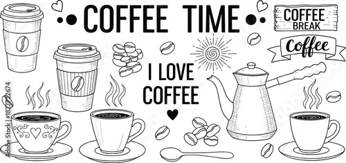 Coffee Time Doodle Drawing Set; Hand-Drawn Vector Outline of Cups, Beans, Kettle, Takeaway Mugs, and Typography; Cafe Culture, Break, Caffeine, and Hot Drink Concept Illustration.