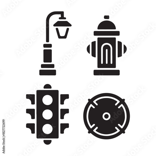 Urban street light and traffic control minimal vector icon set