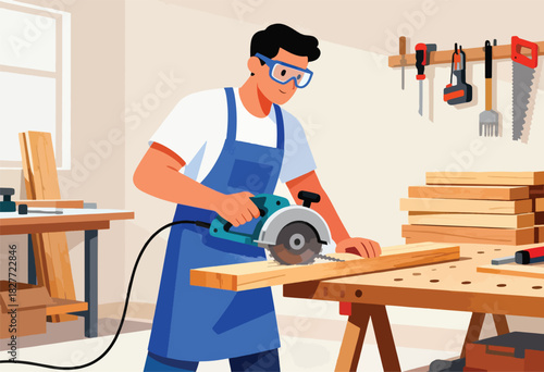 A person with blue safety glasses, and apron, uses a circular saw, in a workshop setting
