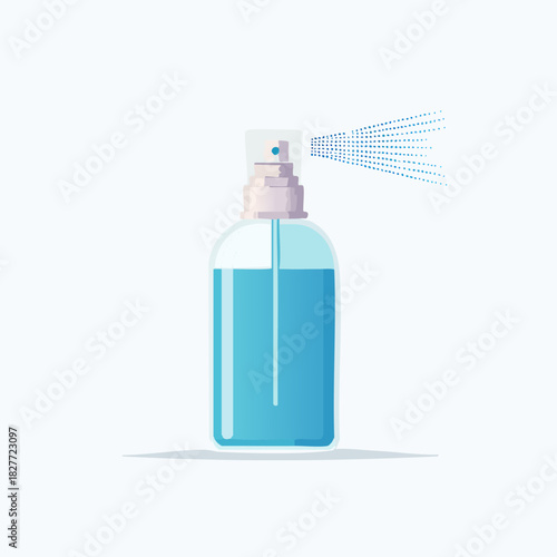 Blue liquid spray bottle dispensing mist on white background.