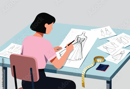 A designer sketching a dress, surrounded by other sketches, measuring tape, and fabric swatch on a desk