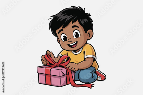A cartoon boy, joyfully unwraps a pink gift box tied with a red ribbon, smiling. He wears casual clothes