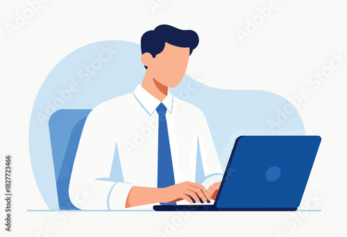 An illustrated office worker, in a blue tie and white shirt, typing on a laptop computer. He's faceless