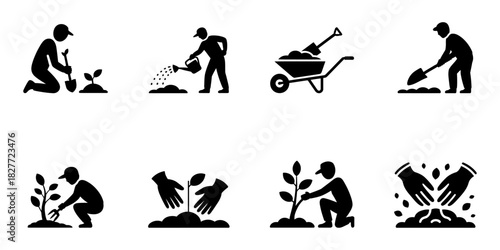 Set of gardening icons showing planting and growing plants, simple black vector for agricultural and environmental concepts