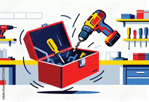 Bold illustration of a workshop scene with a drill, open toolbox, and tools. Bright, vector-style design