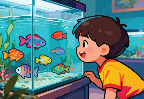 A child smiles, watching colorful fish swim in an aquarium. Green plants and bubbles decorate the tank