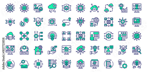 Digital Transformation icons collection. Vector illustration. Digital Transformation, Cloud Computing, AI Integration, Data Analytics, Machine Learning. Pro Vector