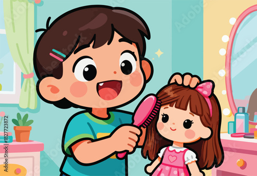 A child combs their doll's hair in a brightly colored room, creating a playful moment of care