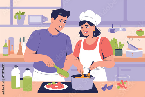 A smiling couple cooks together in a kitchen, one pouring while the other stirs a pot. Food and plants surround