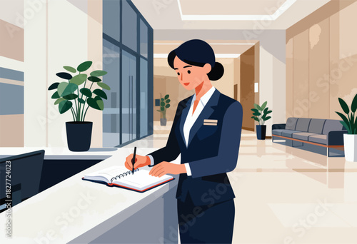 A formal woman in a business suit at a reception desk writes in a notebook, with plants, waiting area, and windows