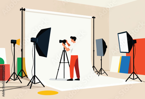 Studio interior illustration showing a photographer with camera on tripod, lights, backdrops and colorful props