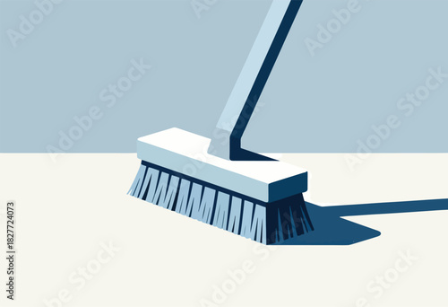 An illustrated depiction of a broom in use. The brush and handle are angled, with cast shadows