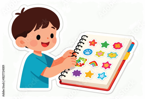 A cartoon child holds open a notebook filled with colorful stickers of stars, flowers, and shapes, smiling with glee
