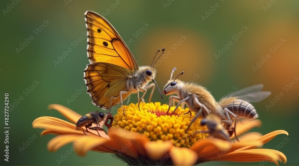 Fototapeta premium Butterfly Bee and Ant on Flower