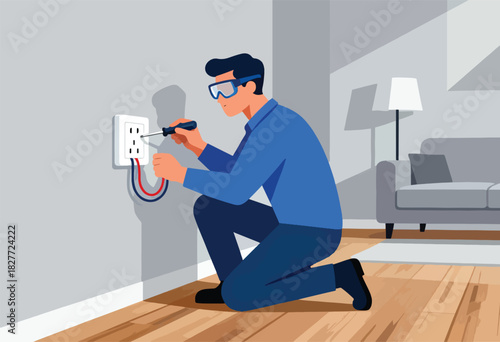 An electrician with safety glasses kneels to install a socket in a room with a sofa and floor lamp