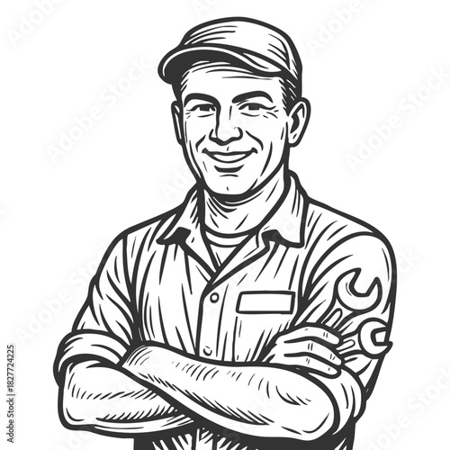 cheerful male mechanic in uniform and cap, symbolizing skilled labor and craftsmanship sketch engraving fictional character vector illustration. Scratch board. Black and white image.