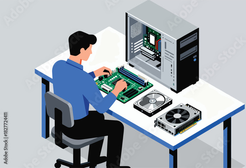 A person seated, working on a computer motherboard with components laid out on a table