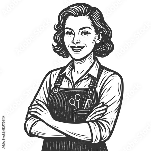 confident woman hrstylist in apron with scissors and comb, ideal for salon or grooming themes sketch engraving fictional character vector illustration. Scratch board. Black and white.