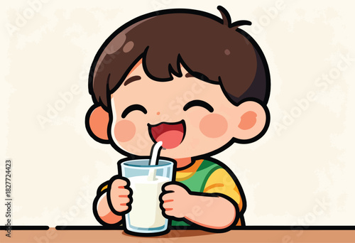 A cartoon child is happily drinking milk with a straw, holding the glass with both hands