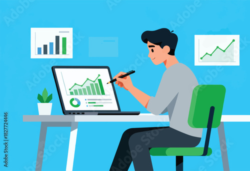 Illustration of a person analyzing charts on a laptop at a desk, with additional charts displayed