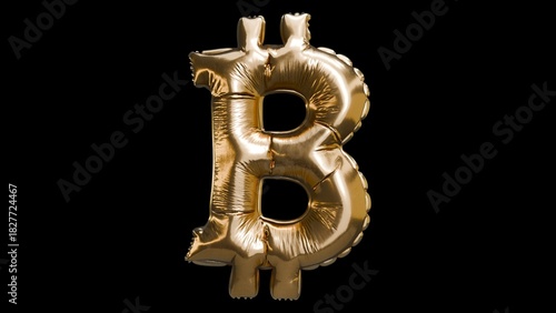 Bitcoin balloon floating on a black background, original printed rendering. 